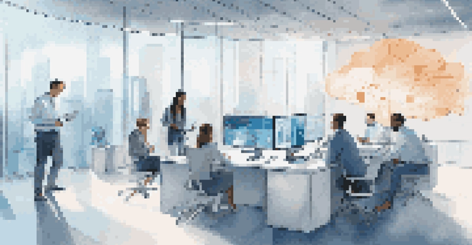 A group of diverse professionals working together in a bright office, analyzing biometric data on screens with cloud technology visuals.