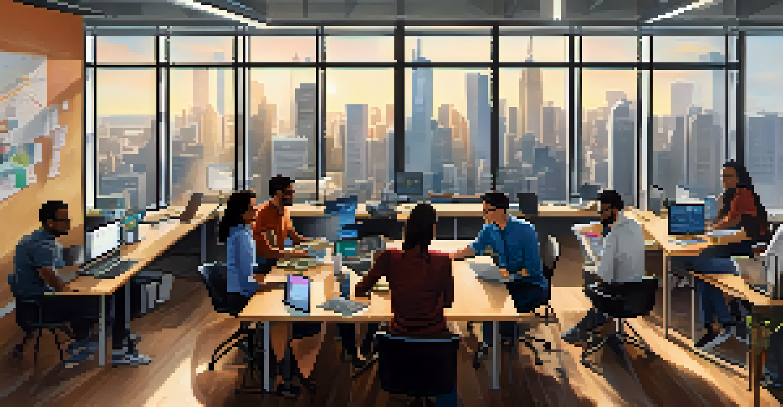 A diverse team of data scientists collaborating over a table with laptops and charts, in a bright office with a city skyline view.
