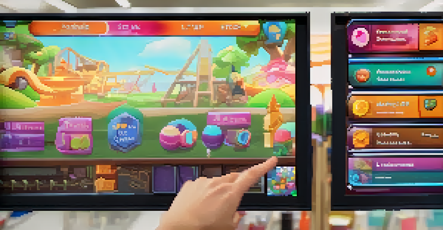 A close-up of a game interface showcasing colorful badges and levels achieved, with a student's hand reaching to interact with the screen.
