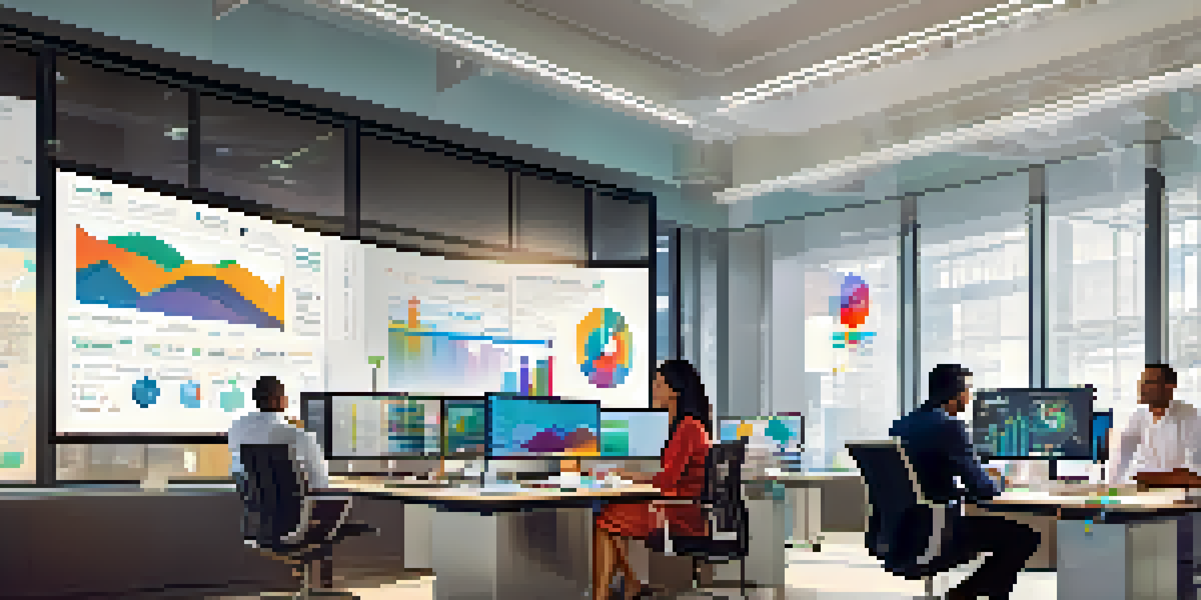 A diverse group of marketing professionals working together in an office, analyzing data on screens with predictive analytics graphics.