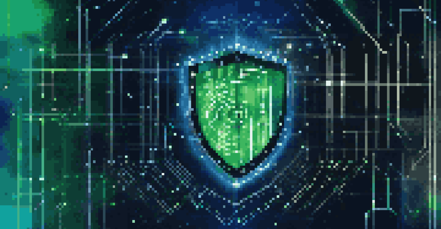 An abstract image of a digital shield made of binary code, representing AI protection for financial data, against a blue background.