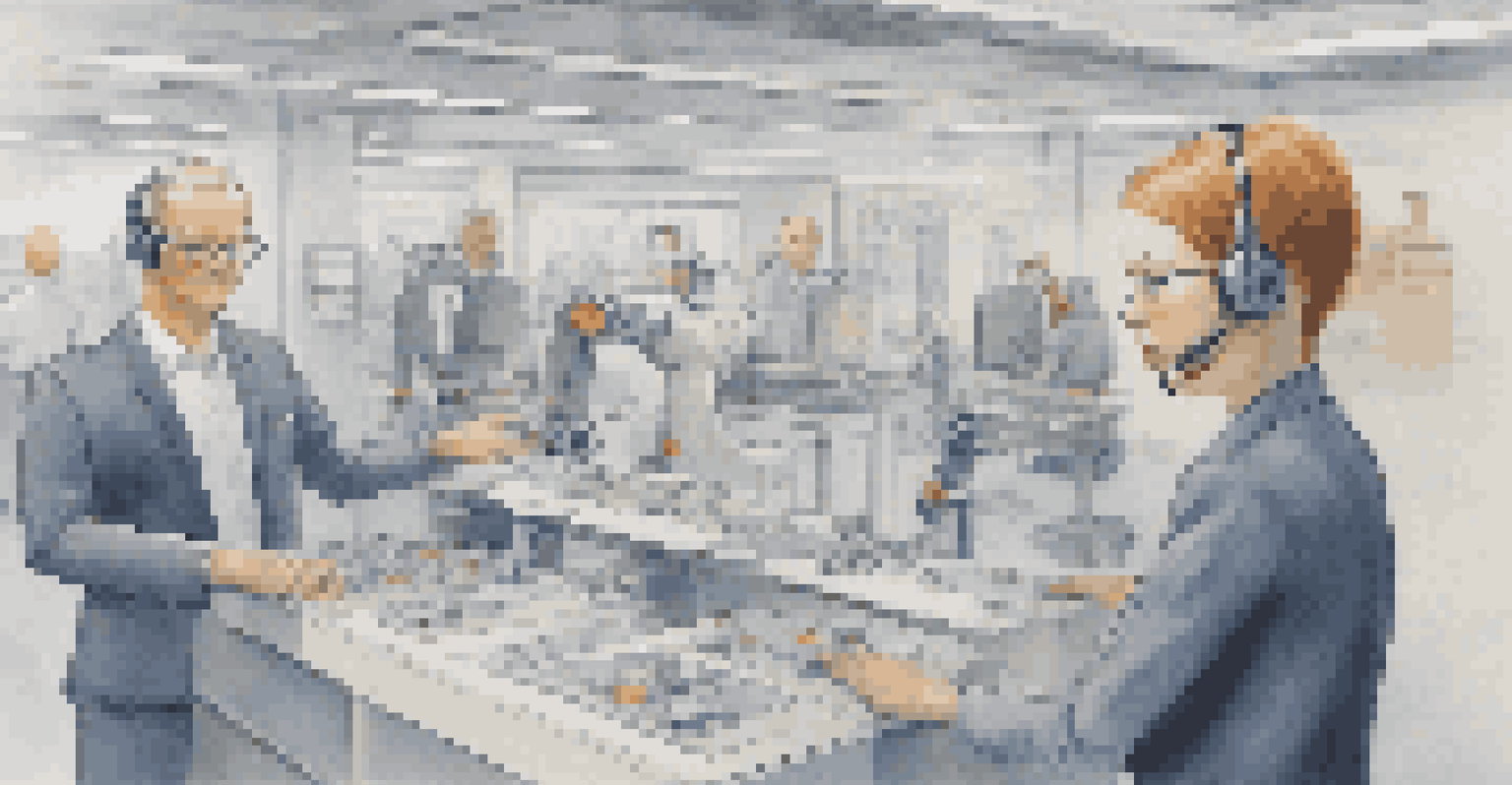 An illustration showing a robot assisting a human in a customer service setting, depicting a balance between automation and human interaction.