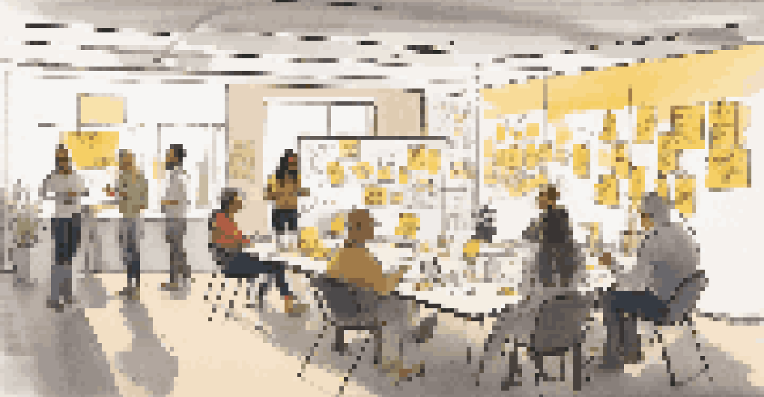 A designer conducting user interviews in a workshop setting, surrounded by sketches and post-it notes, emphasizing user-centered design.