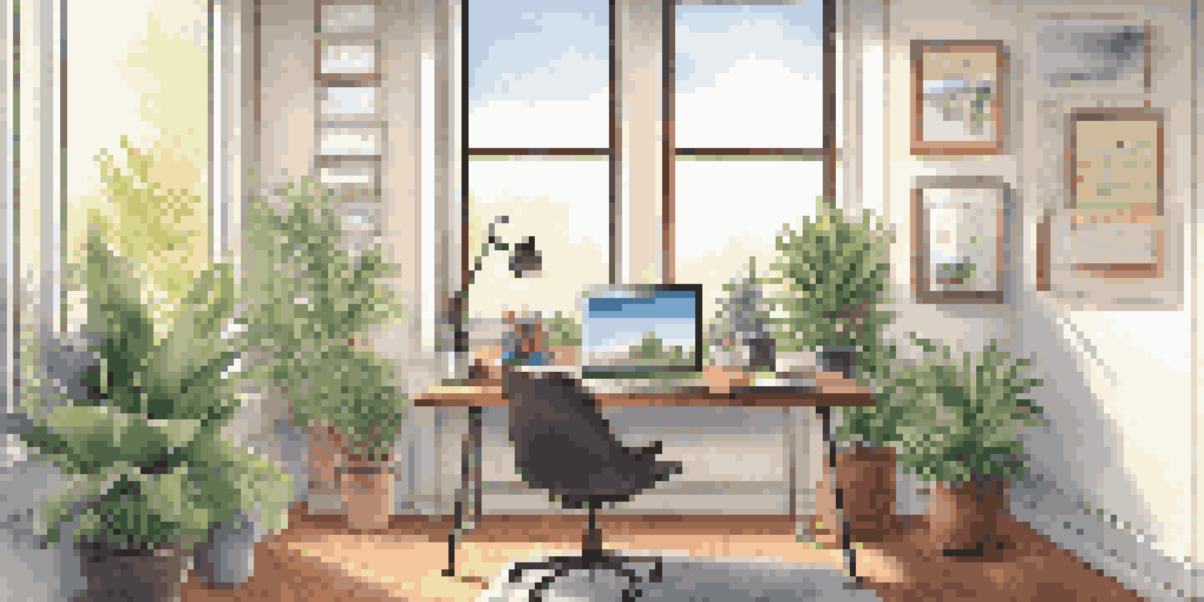 A bright and modern office workspace with a desk, laptop, notepad, colorful pens, and a potted plant under natural light.