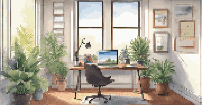 A bright and modern office workspace with a desk, laptop, notepad, colorful pens, and a potted plant under natural light.