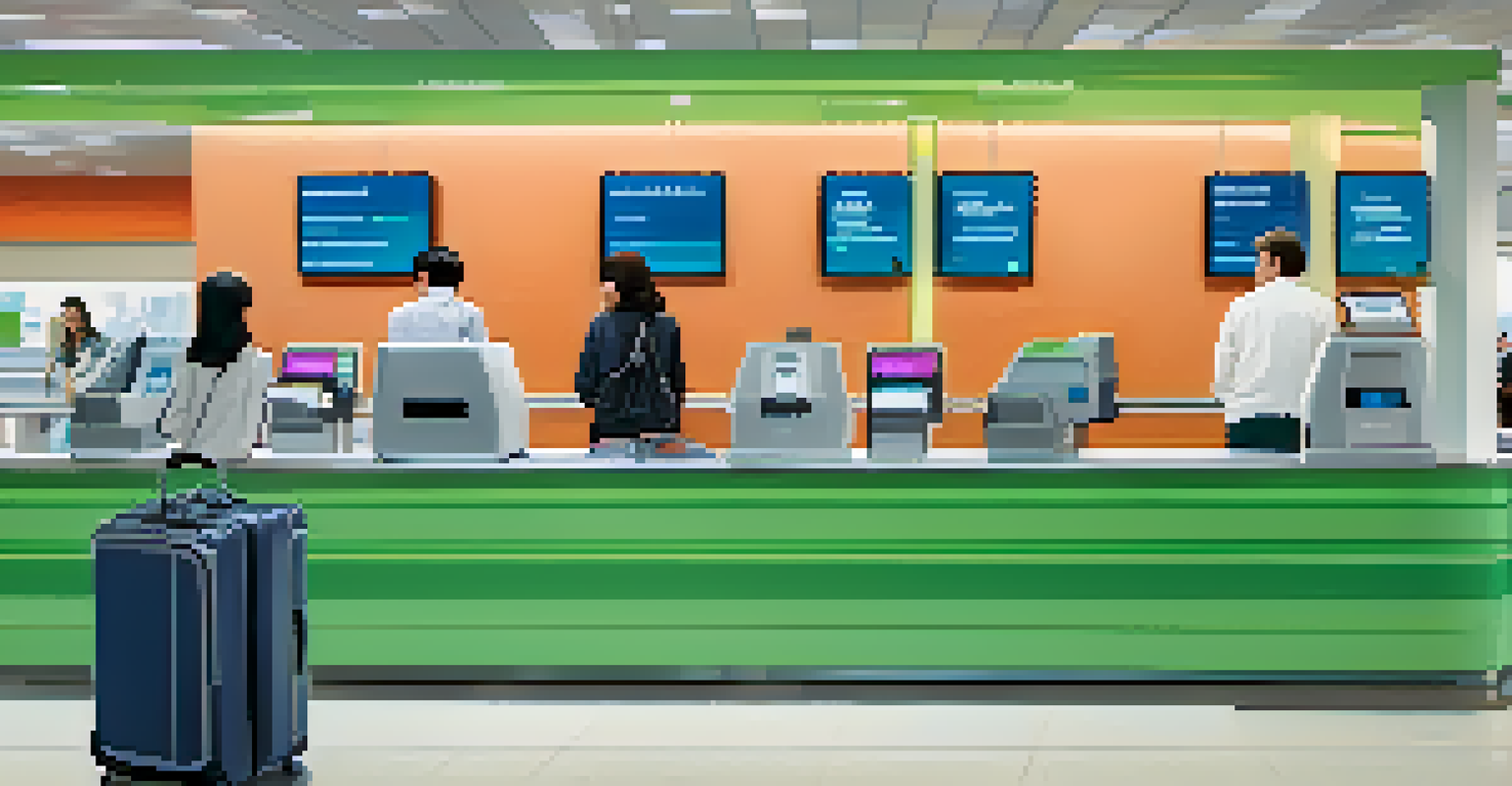 A passenger using facial recognition technology at an airline check-in counter, with modern digital displays in the background.