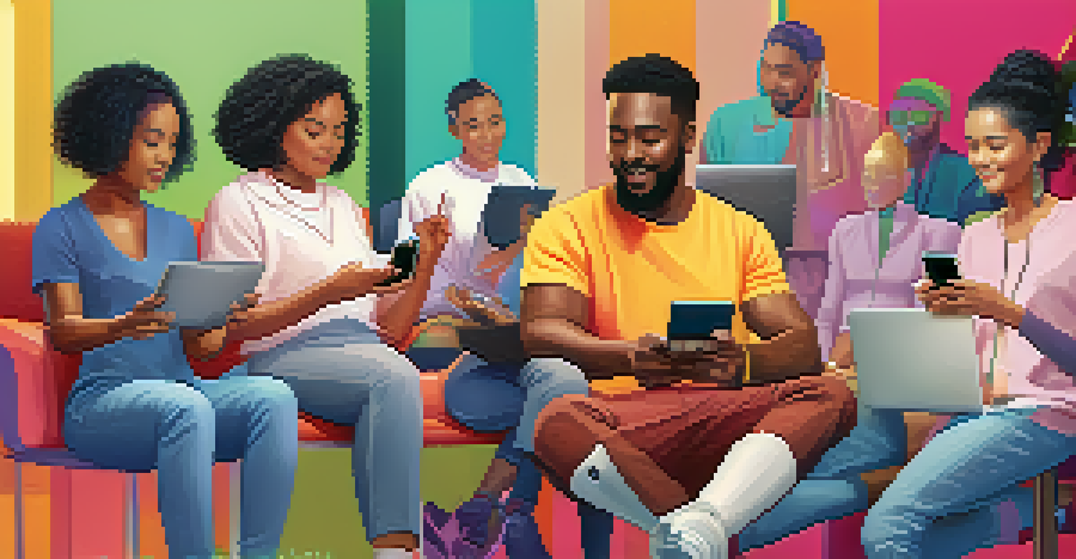 A diverse group of people using AI health assistants on different devices in a colorful setting.
