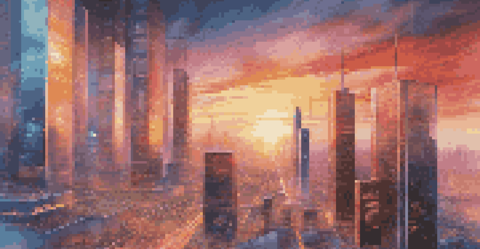 A futuristic cityscape with skyscrapers and digital screens displaying data flow, against a vibrant sunset sky.