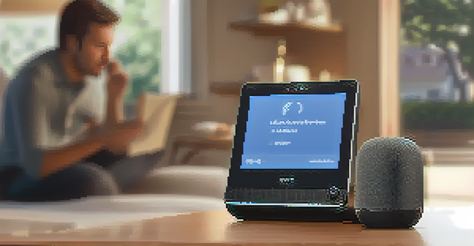 A person using a voice recognition device in a warm and cozy home environment, with soft lighting highlighting their expression.