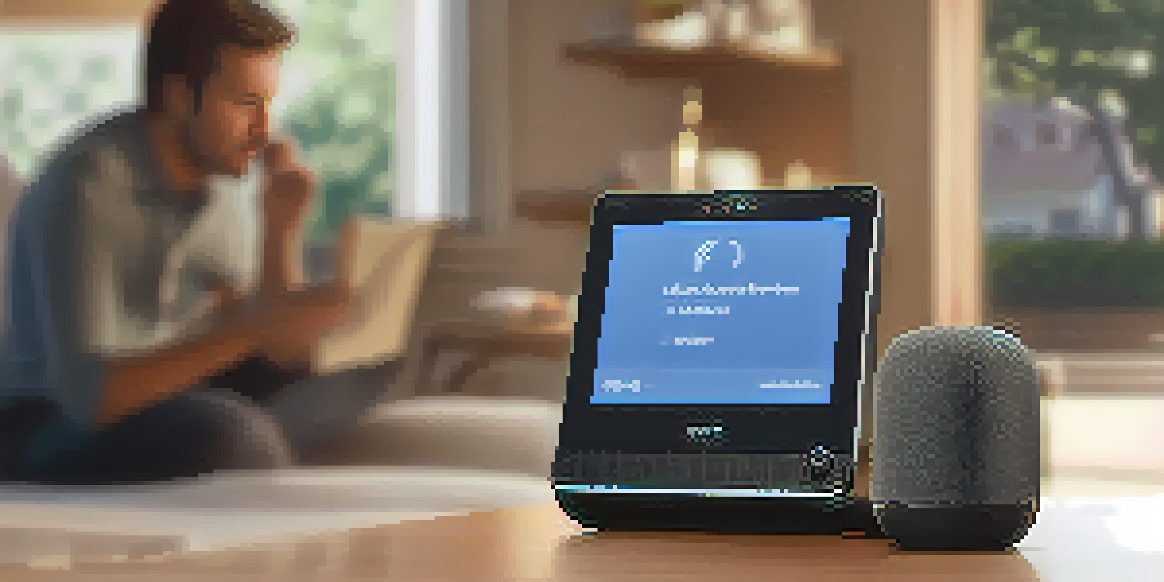 A person using a voice recognition device in a warm and cozy home environment, with soft lighting highlighting their expression.