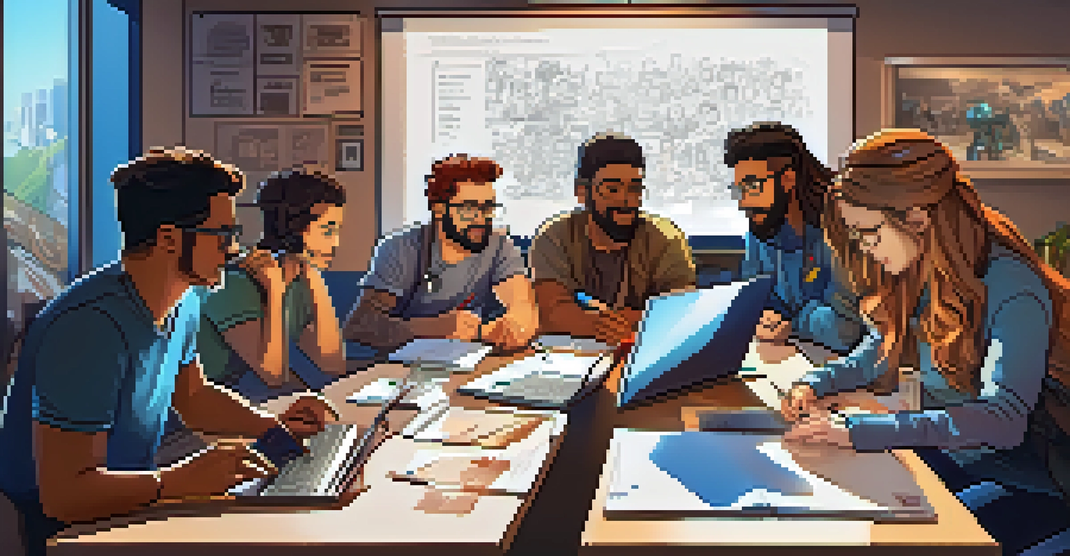 A diverse team of game developers collaborating with laptops and sketches in a bright and creative workspace.