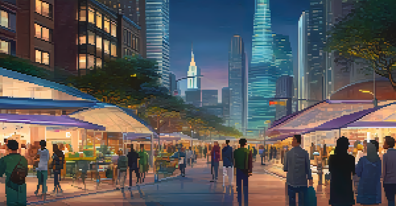 A smart city at dusk with illuminated streetlights, connected vehicles, and people using IoT kiosks.