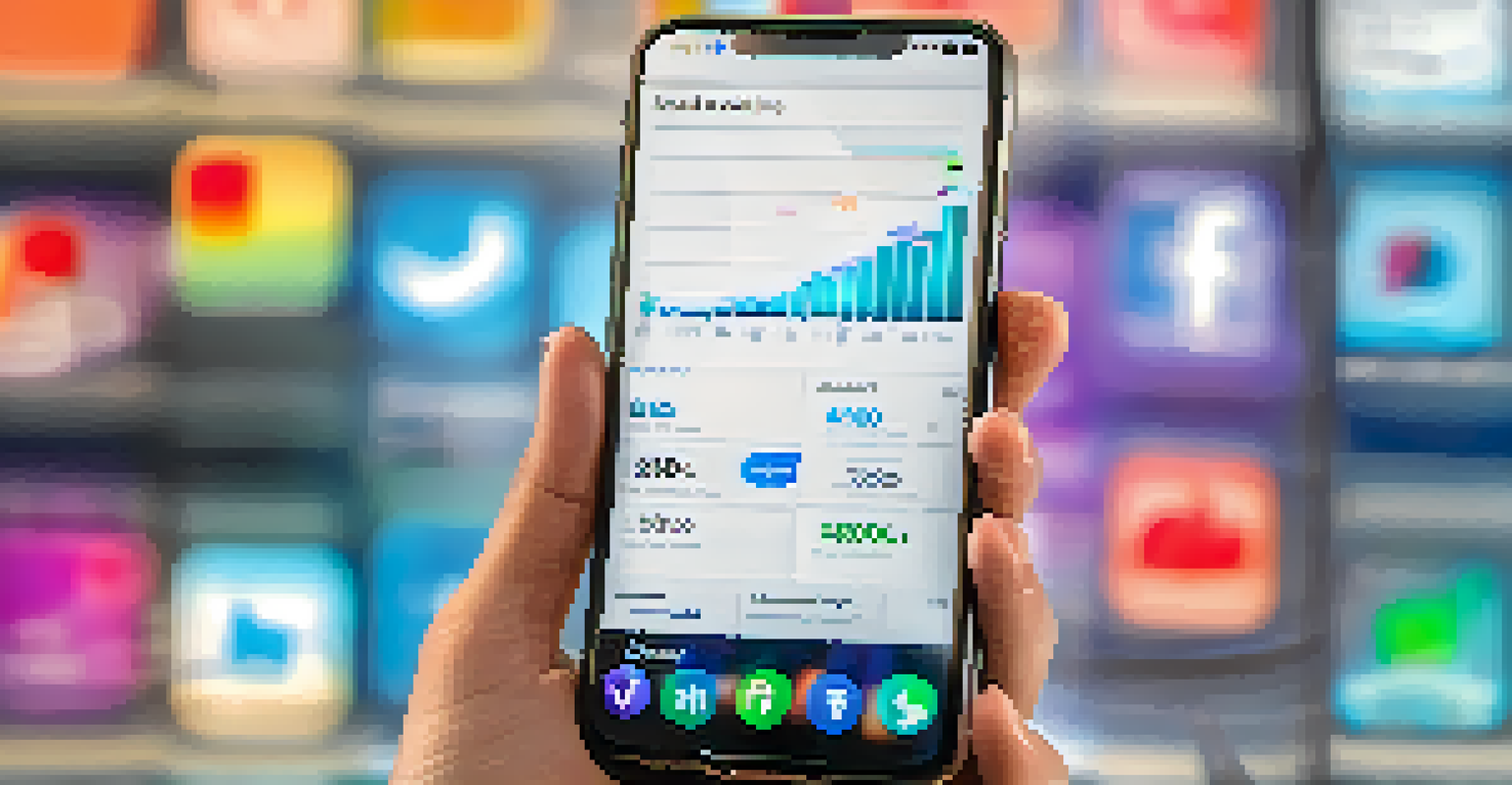 A close-up view of a smartphone showing social media analytics with colorful graphs.