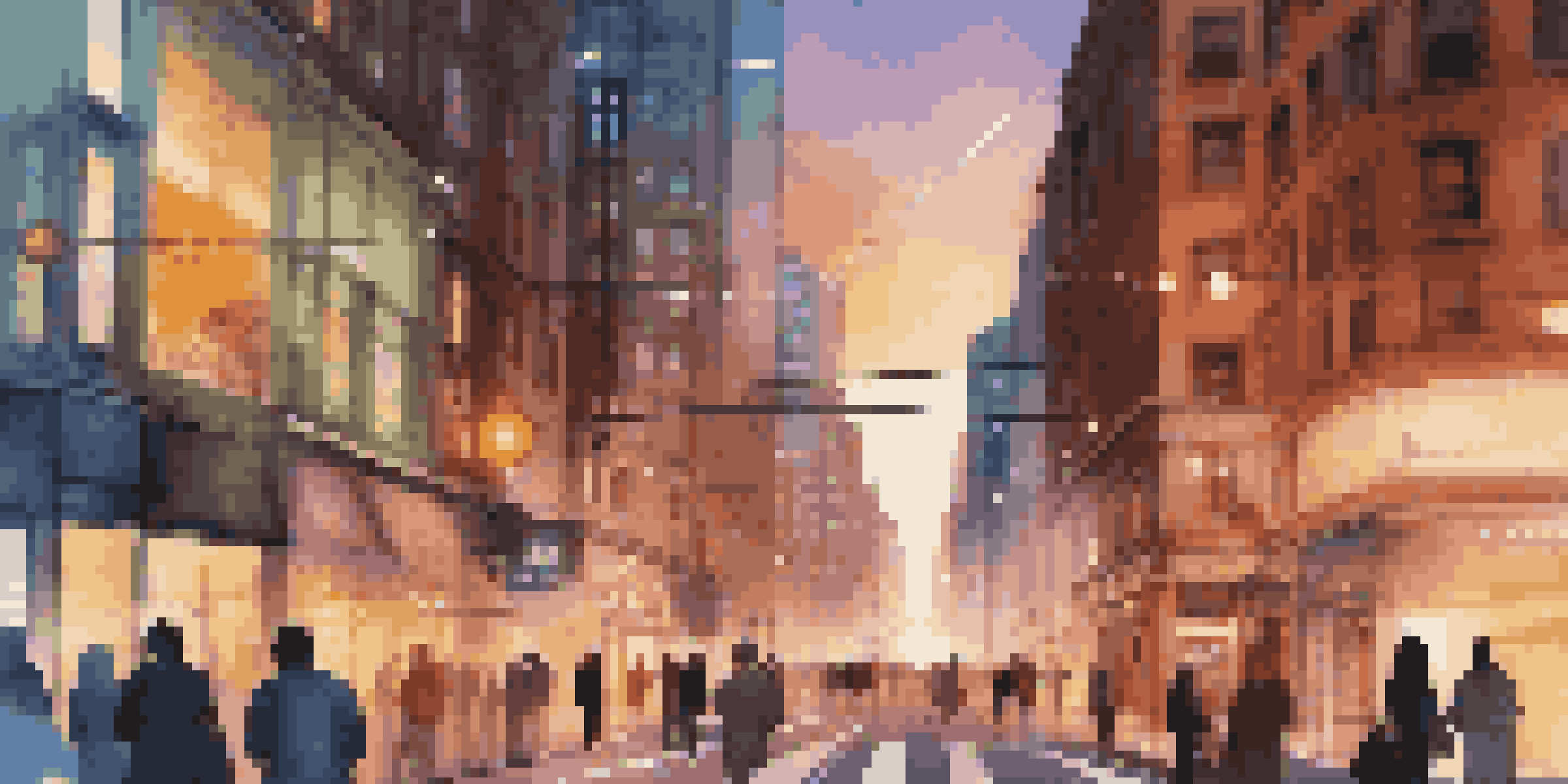 A busy city street at dusk with augmented reality navigation arrows and points of interest displayed above the buildings.