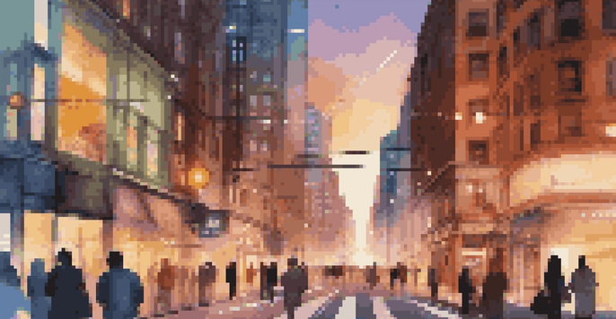 A busy city street at dusk with augmented reality navigation arrows and points of interest displayed above the buildings.