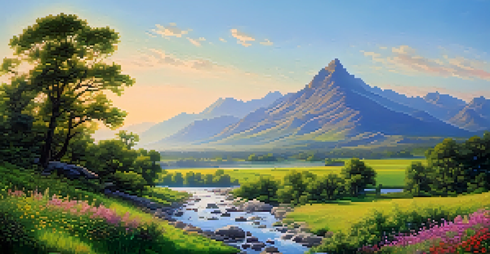 A peaceful valley with a river, colorful wildflowers in the foreground, and distant mountains under a blue sky.