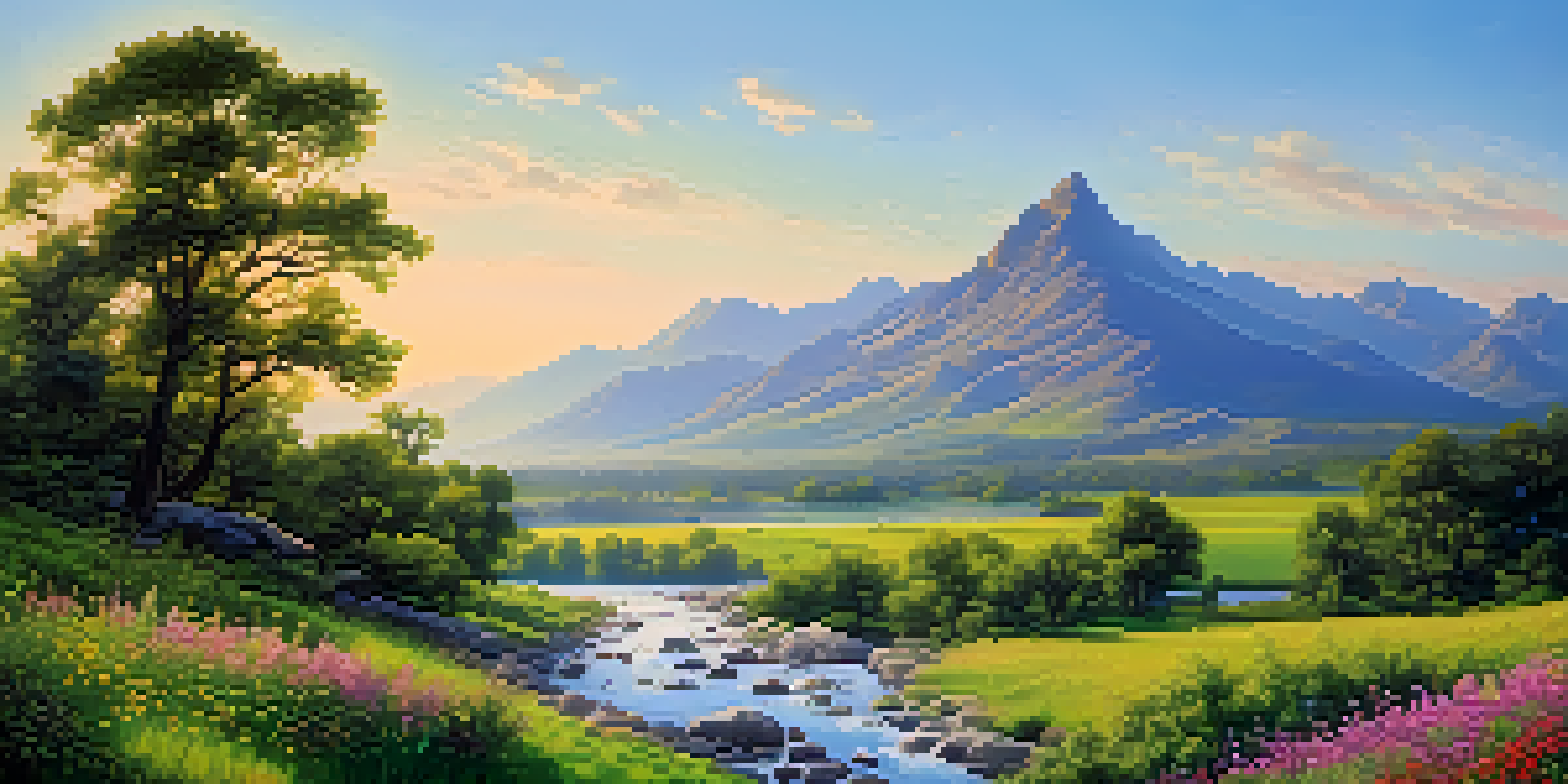 A peaceful valley with a river, colorful wildflowers in the foreground, and distant mountains under a blue sky.
