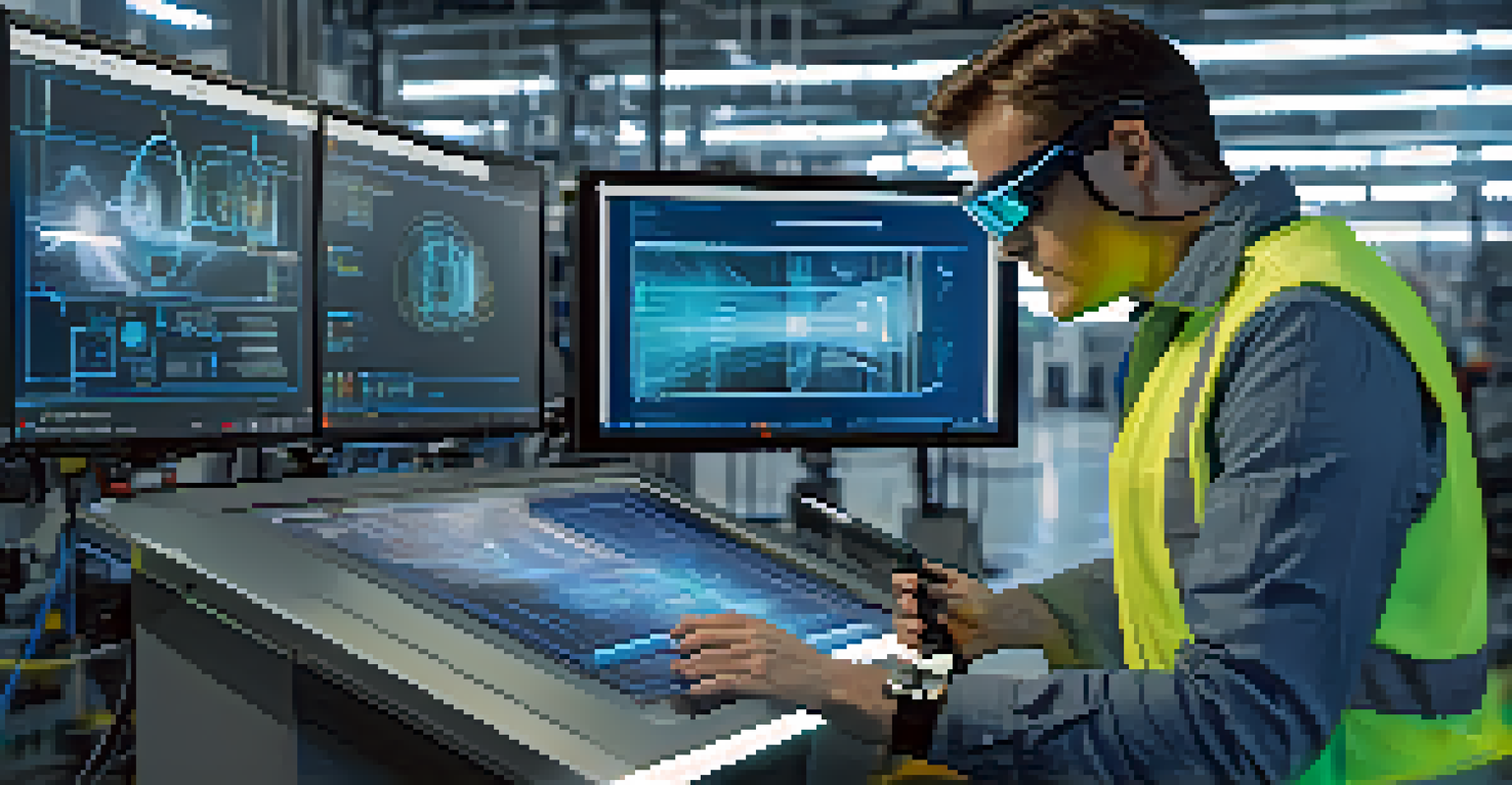 A technician using augmented reality glasses to troubleshoot equipment.