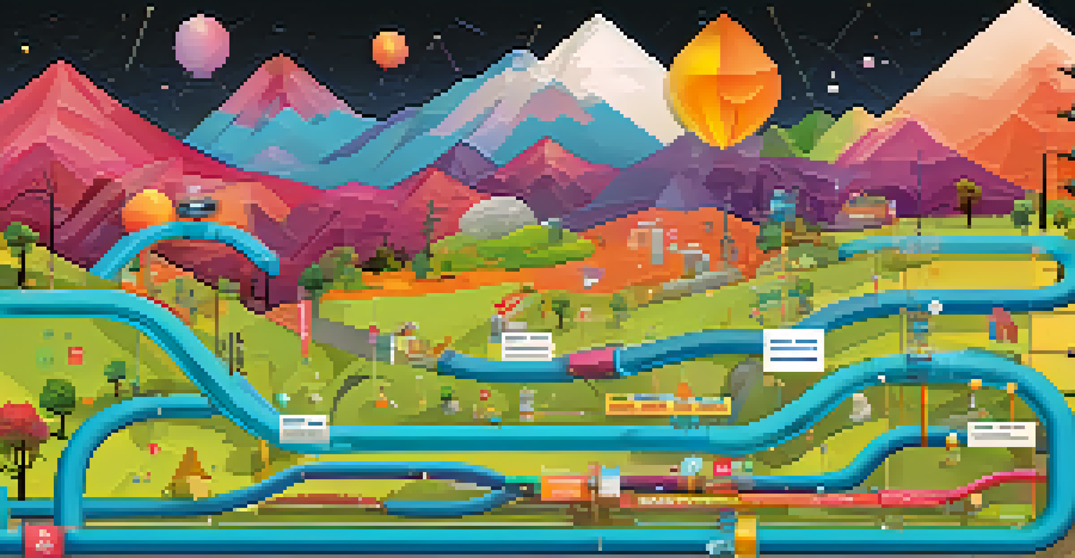 An illustration of a continuous integration pipeline with colorful icons representing code, automated tests, and deployment stages.