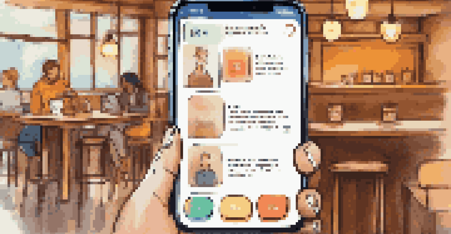 A smartphone displaying a chatbot conversation in a cozy café setting.