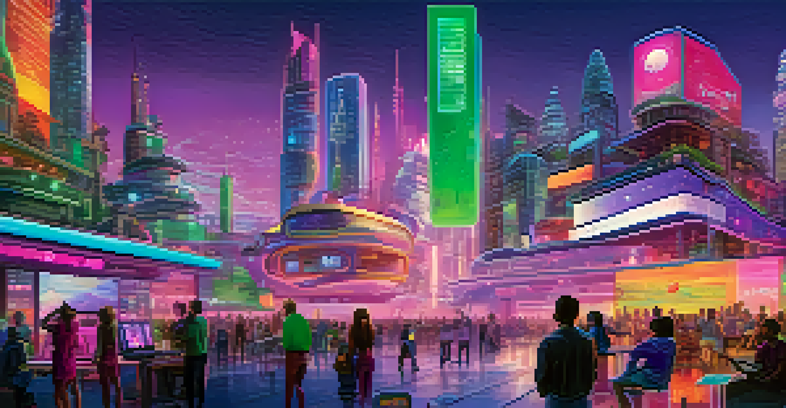 A futuristic city skyline with holographic ads about data ownership, featuring diverse people using digital devices.
