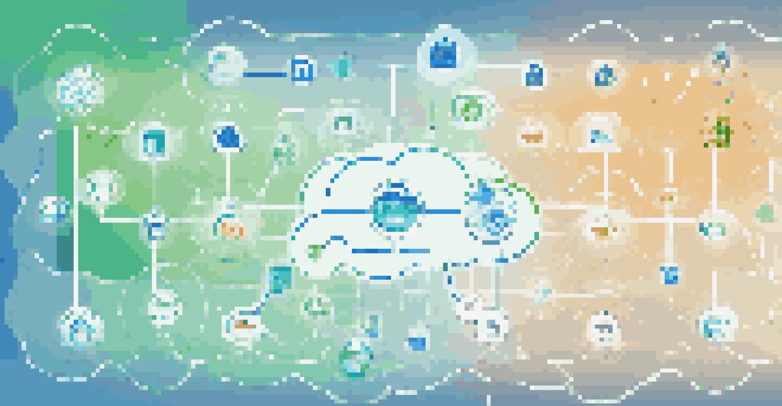 An abstract representation of microservices architecture with icons and flowing lines representing APIs.