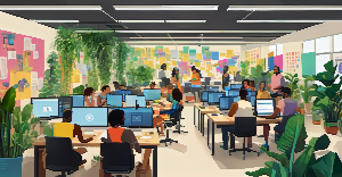 A diverse group of developers collaborating in a bright workspace, surrounded by plants and colorful notes.
