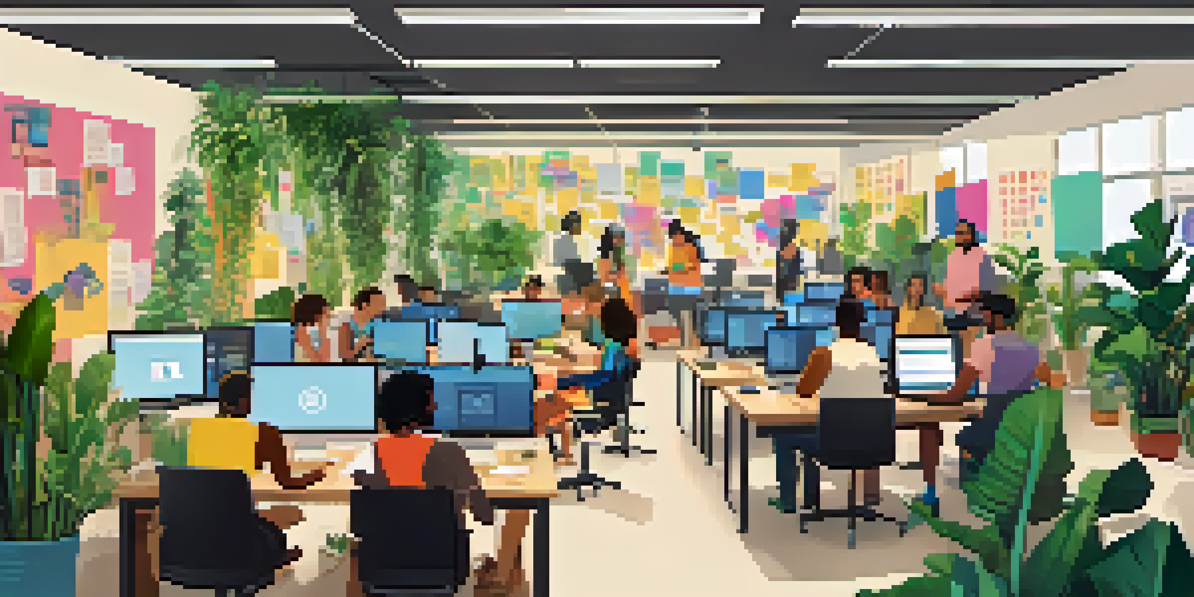 A diverse group of developers collaborating in a bright workspace, surrounded by plants and colorful notes.