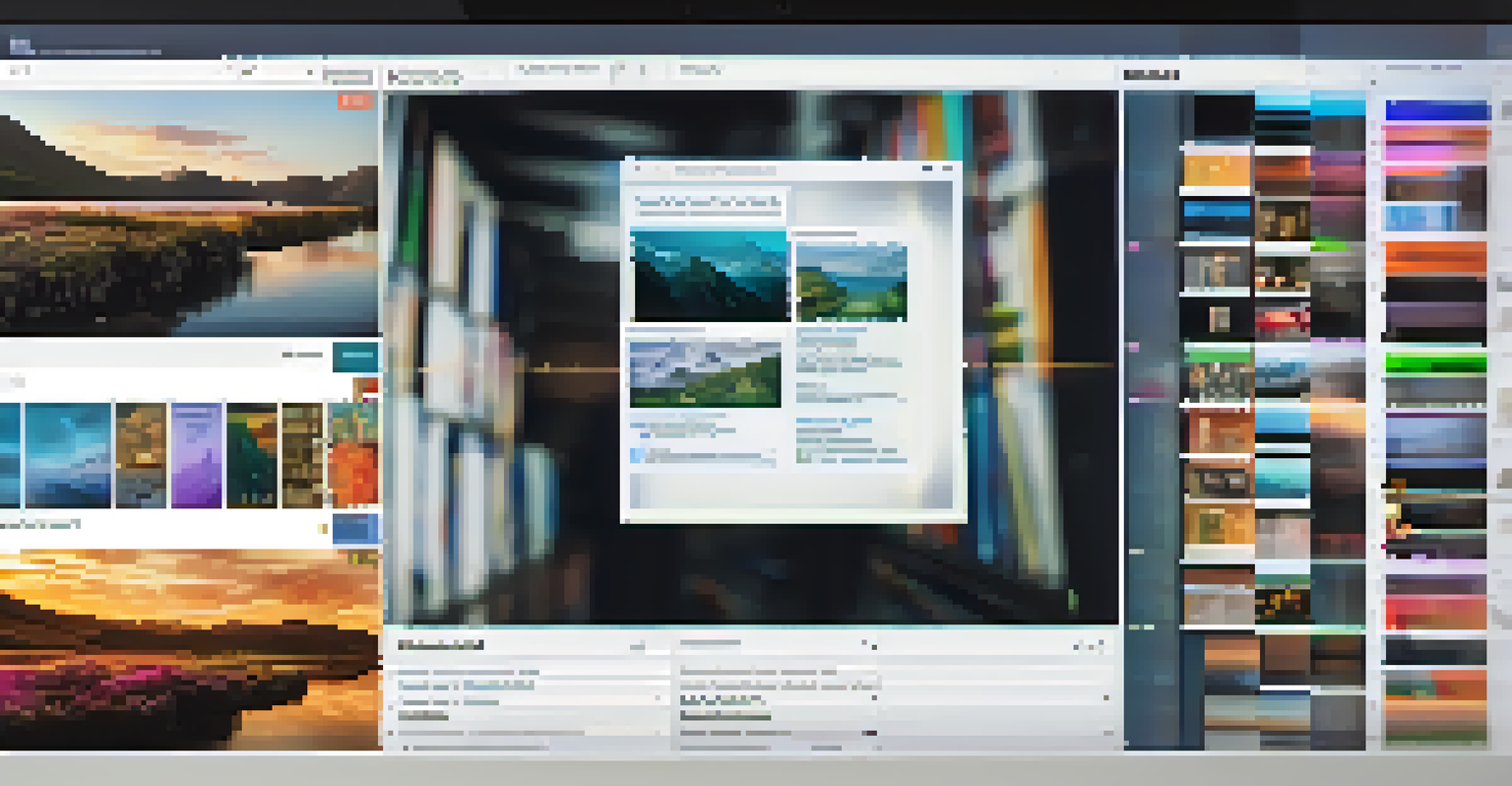 A close-up view of a computer screen showing a digital asset management interface with organized thumbnails of various digital files.