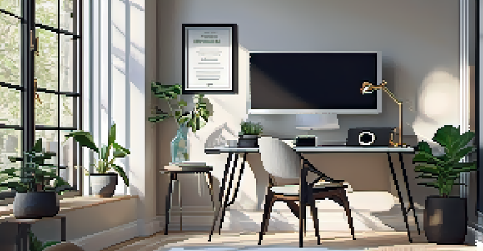 A modern home office with a laptop showing speech recognition software, a potted plant, and a cup of coffee, illuminated by natural light.