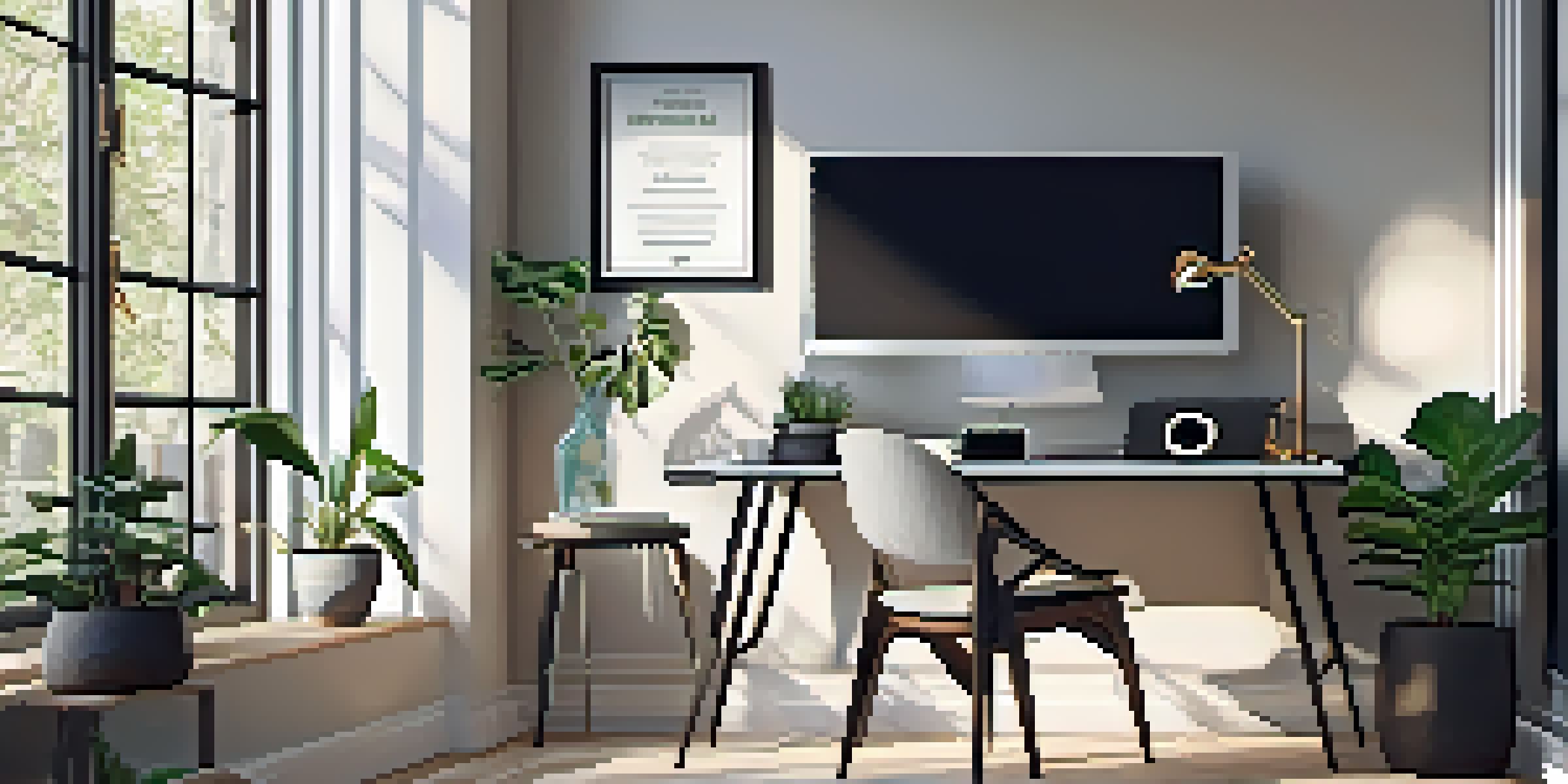 A modern home office with a laptop showing speech recognition software, a potted plant, and a cup of coffee, illuminated by natural light.