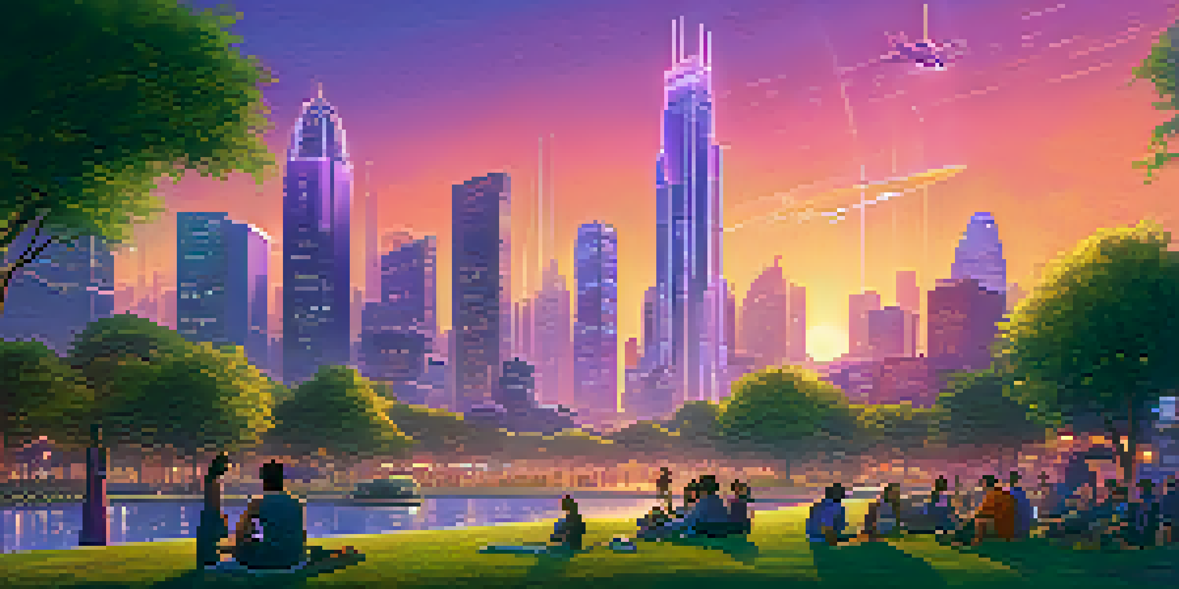 A futuristic city skyline at dusk with glowing buildings and flying vehicles, featuring a park in the foreground.