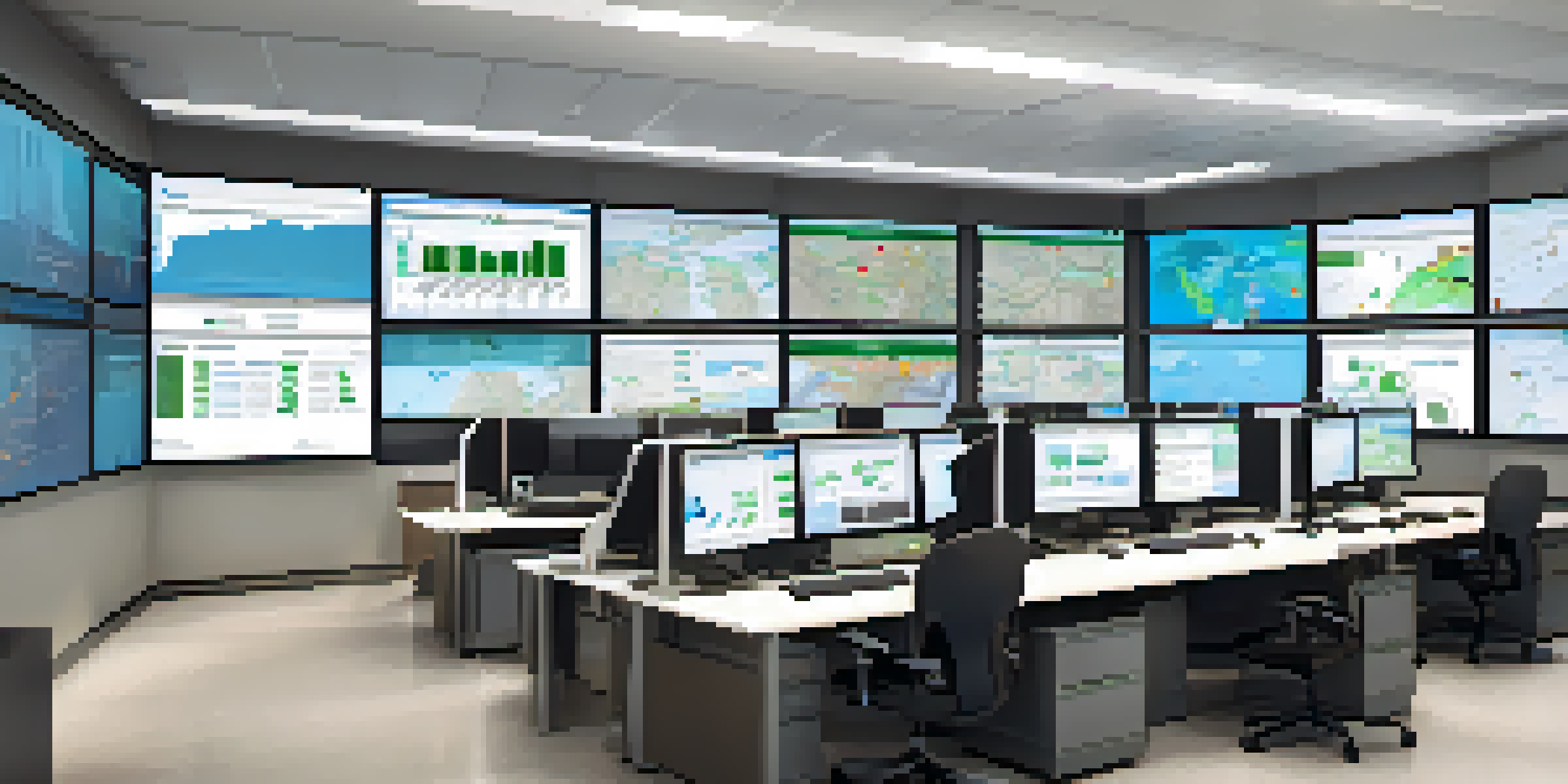 An office with professionals monitoring real-time vehicle tracking data on multiple screens, surrounded by charts and graphs.