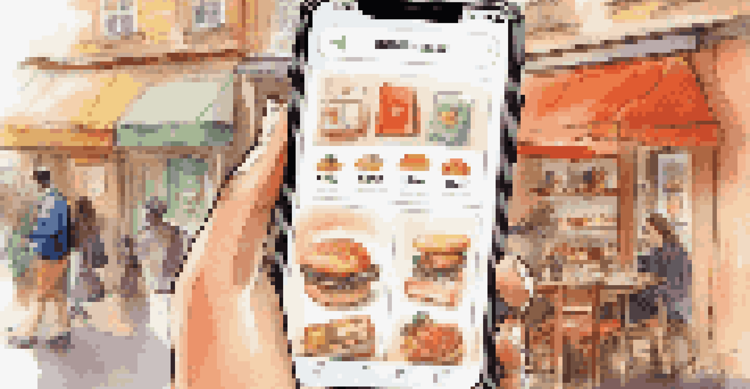 A smartphone displaying a personalized shopping app with product images and notifications, set in a cozy café.