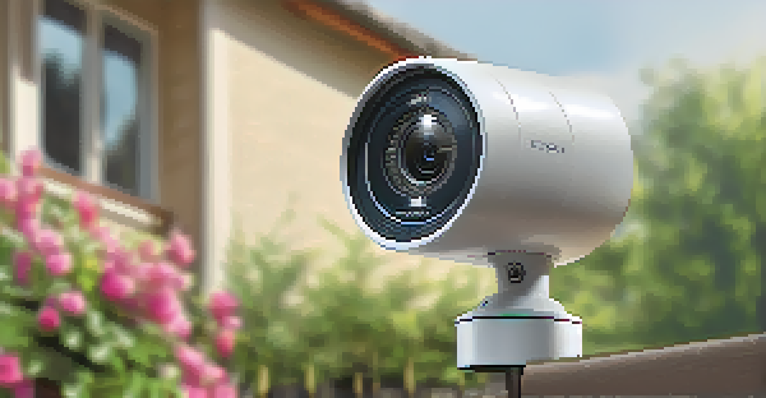 A close-up of a smart security camera mounted on a home exterior with a garden in the background.