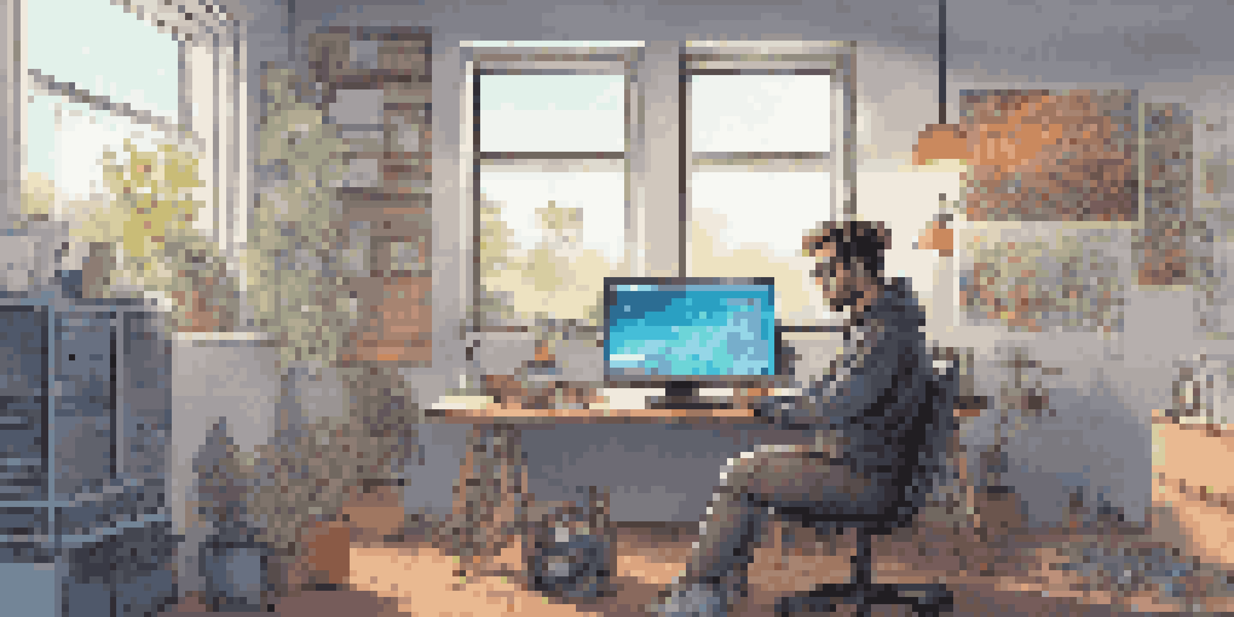 A digital artist concentrating on coding smart contracts in a bright, modern workspace filled with colorful artwork.