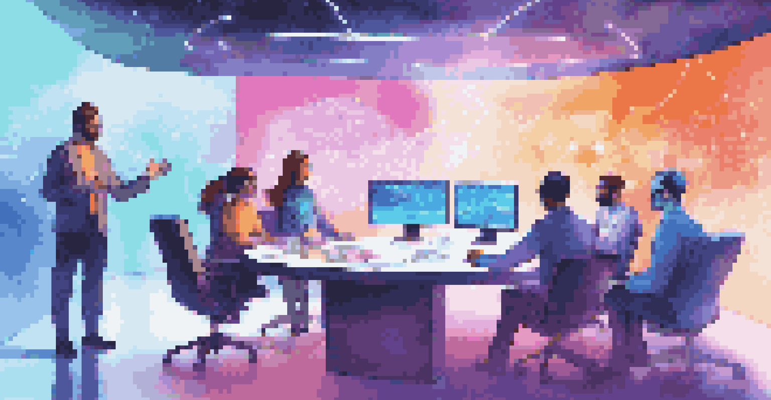 A futuristic virtual meeting with holographic avatars of team members discussing project progress in a modern office environment.