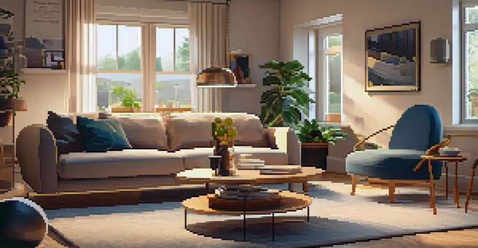 A person interacting with augmented reality furniture in a cozy living room with warm lighting.