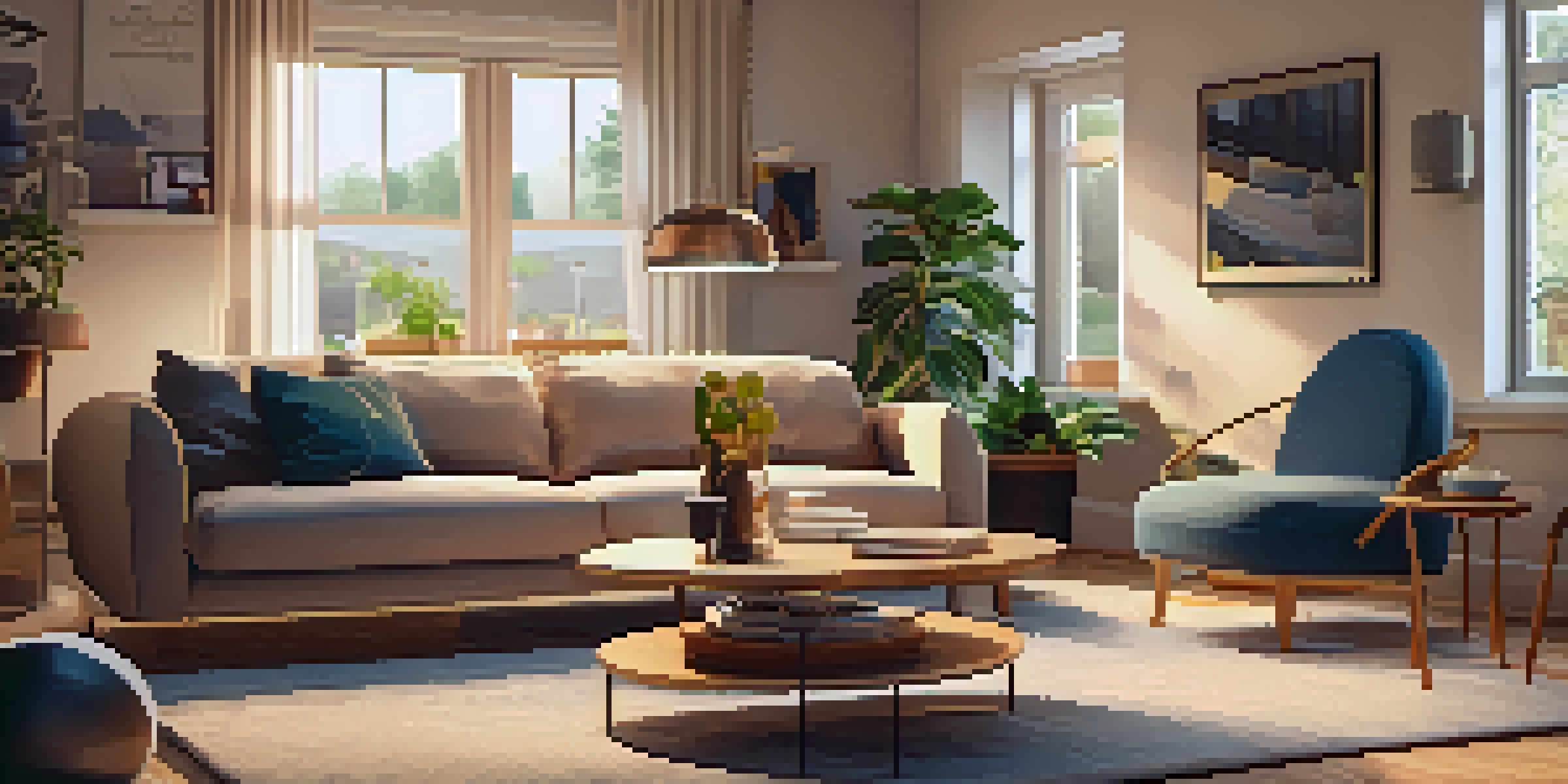 A person interacting with augmented reality furniture in a cozy living room with warm lighting.