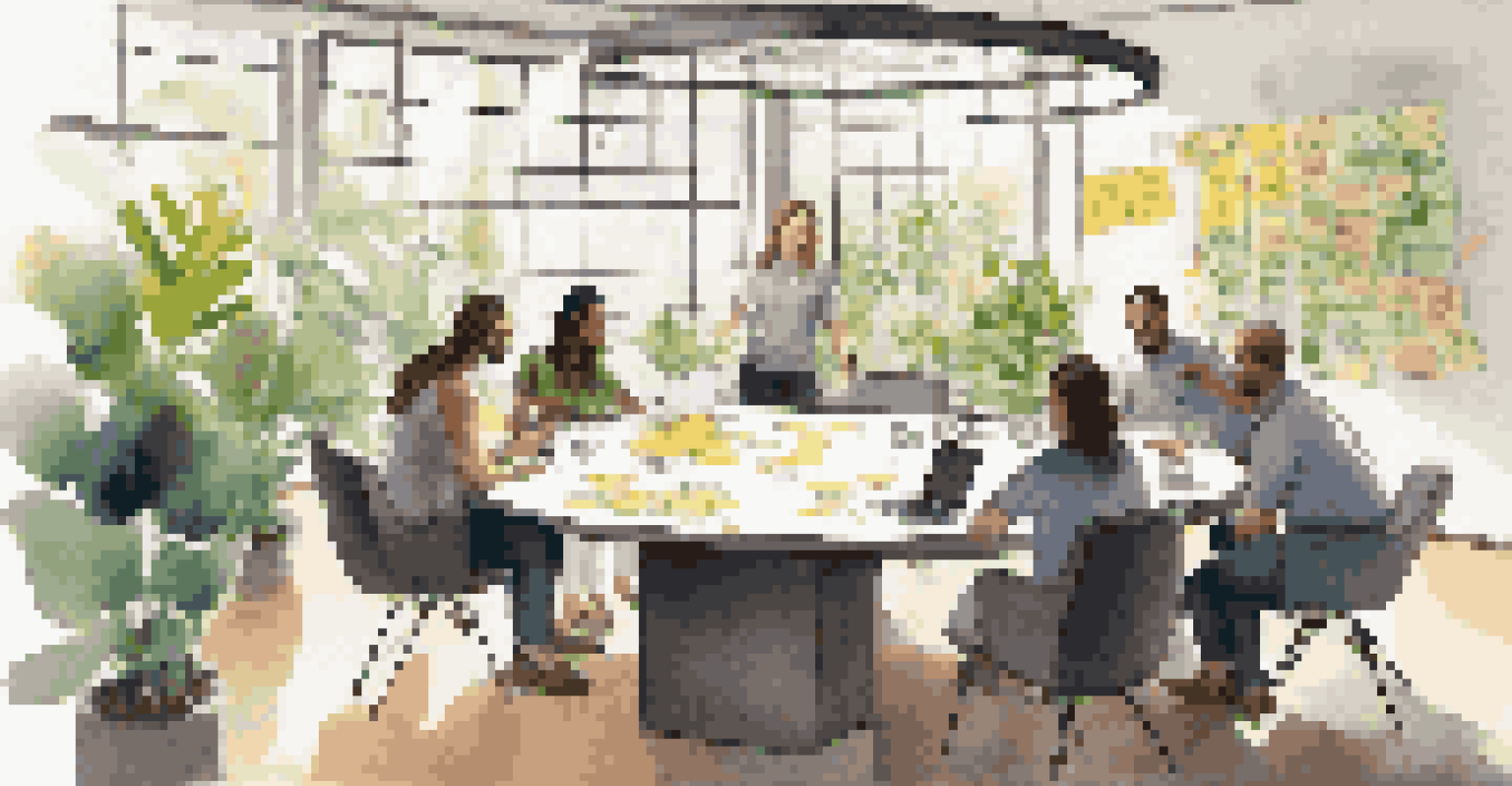 A team brainstorming around a round table with sticky notes and laptops, discussing ideas in a bright, plant-filled room.