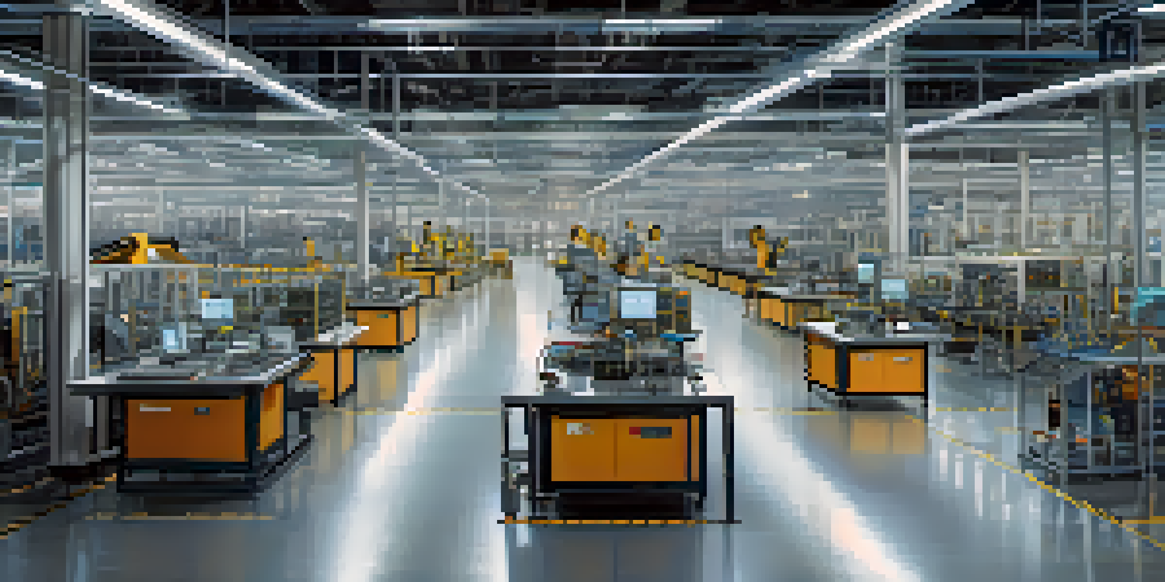A modern factory floor featuring advanced machinery and technicians monitoring data on digital screens in a well-lit environment.