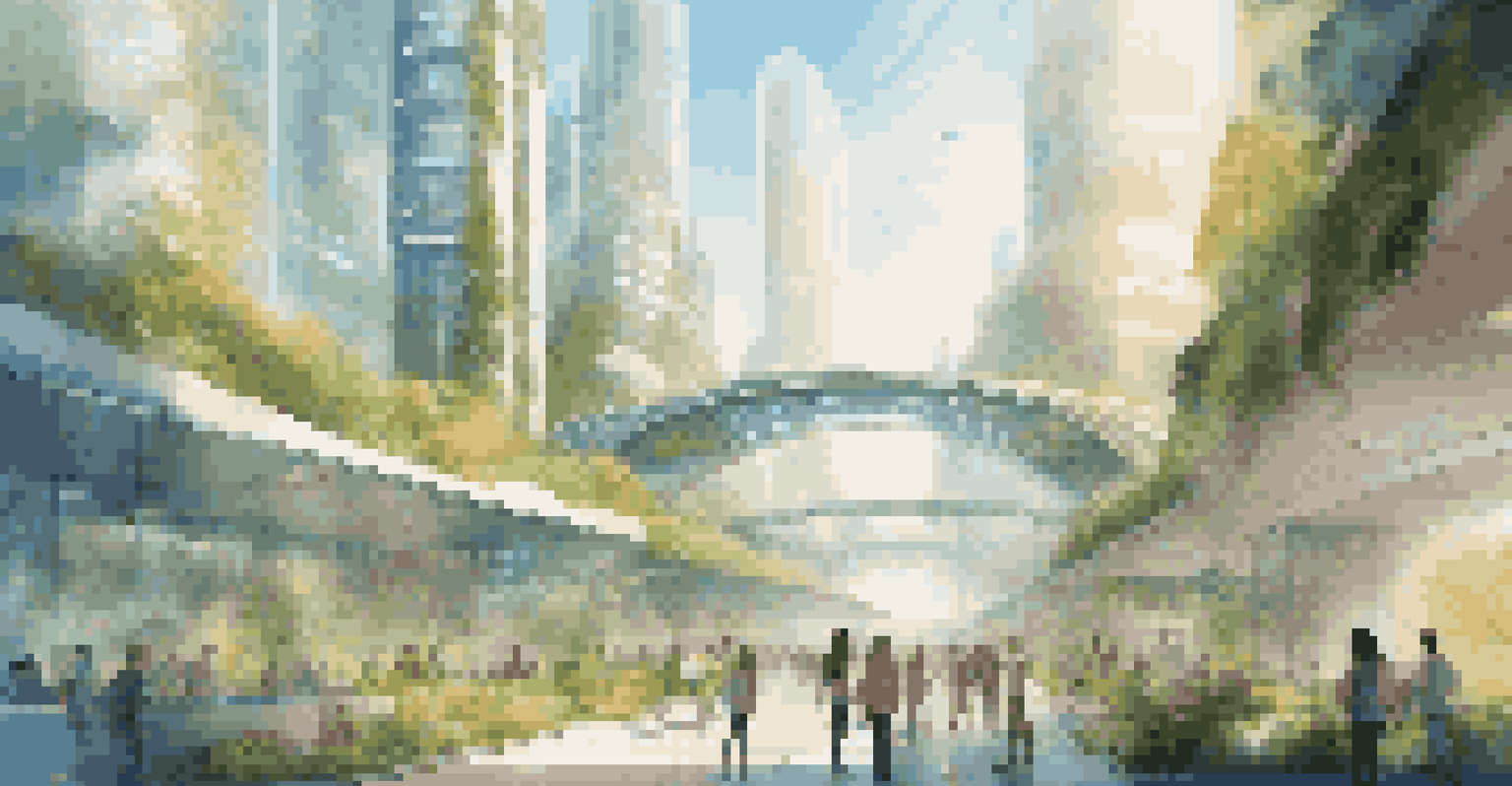 A vibrant futuristic city powered by blockchain technology, showing people interacting with digital interfaces amidst greenery and innovative architecture.