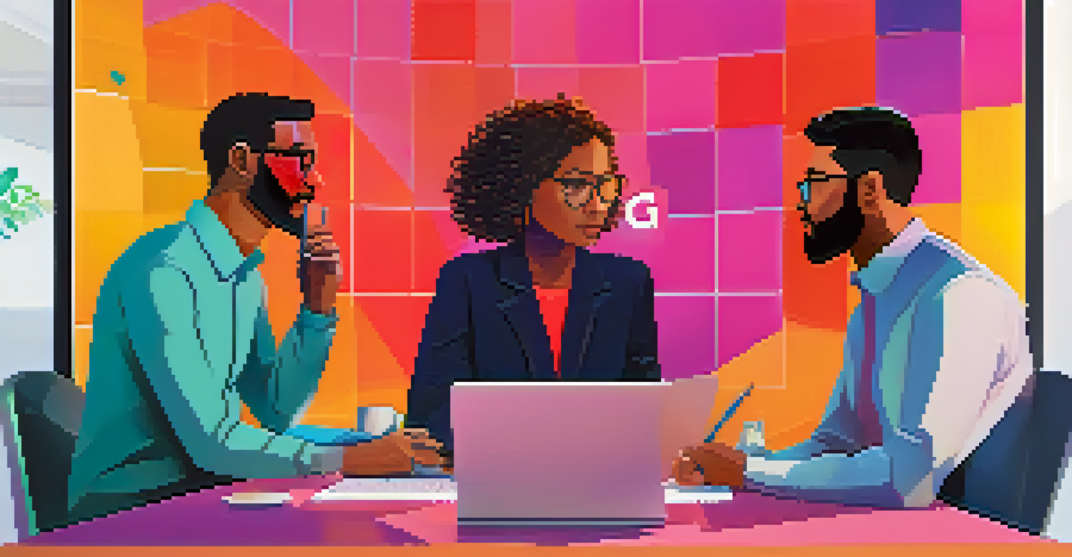 A computer screen displaying a virtual meeting with diverse avatars and a colorful digital background.