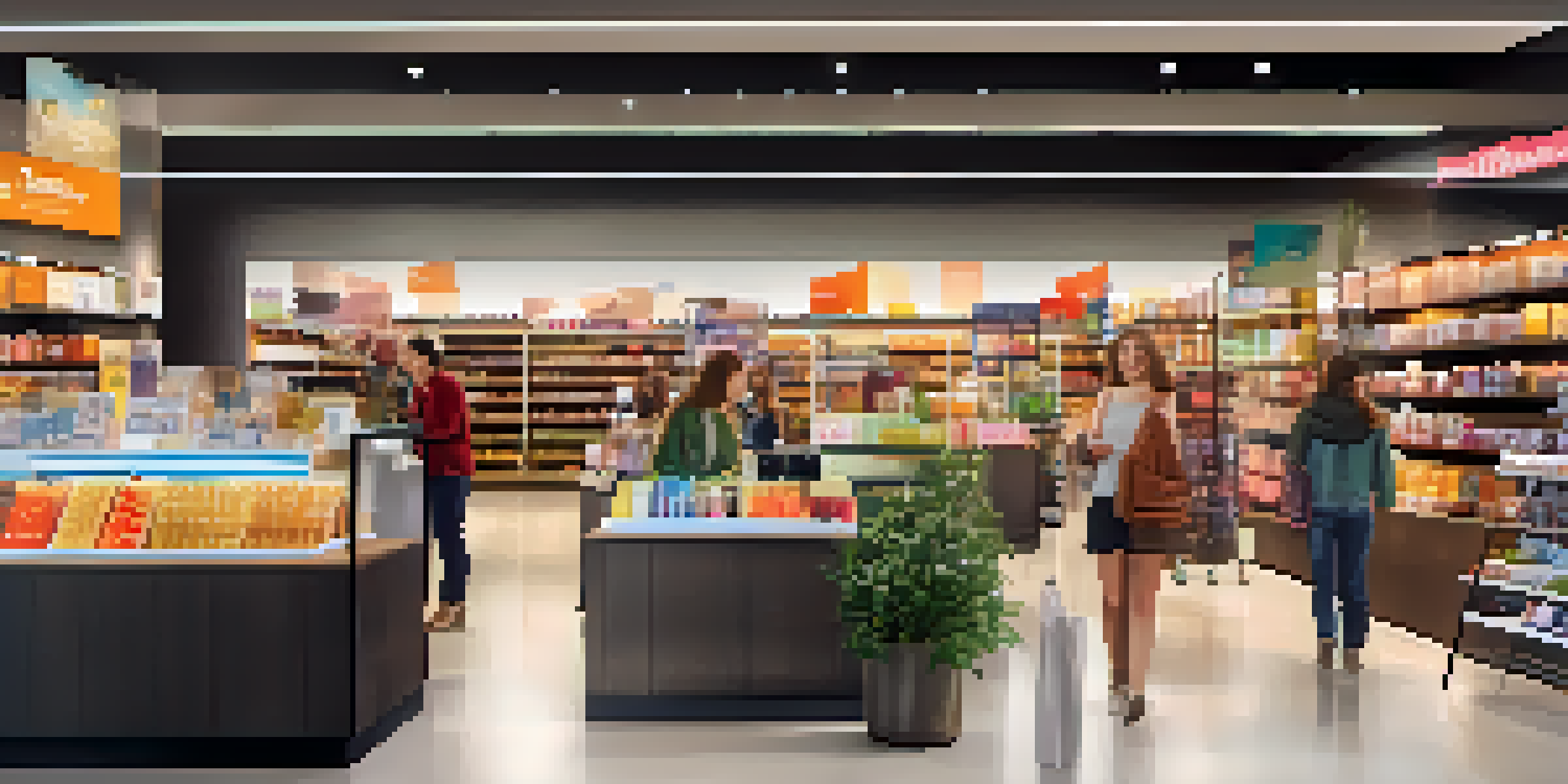 A busy retail store with diverse customers shopping and using smartphones, illuminated by warm lighting.
