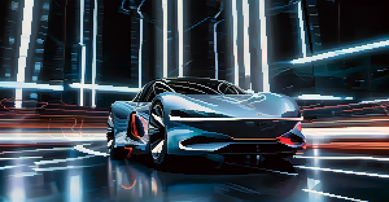 A futuristic image of a car with digital models and performance data overlayed.