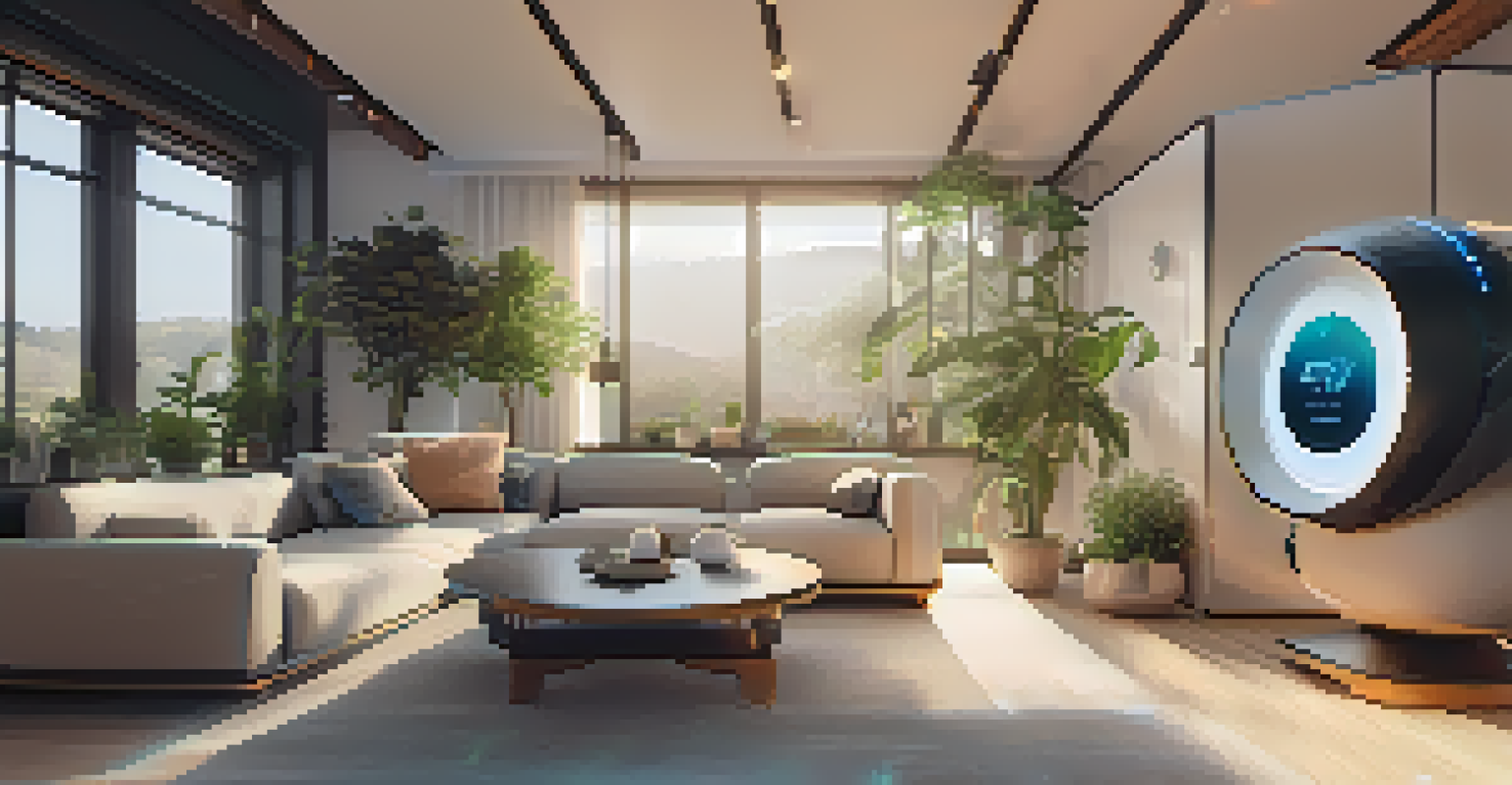 A futuristic smart home showcasing a voice-activated chatbot interacting with users, in a bright and cozy living room filled with modern technology.