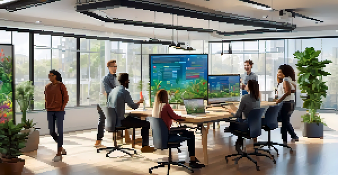 A diverse team collaborating in a bright workspace around a digital screen filled with colorful ideas.