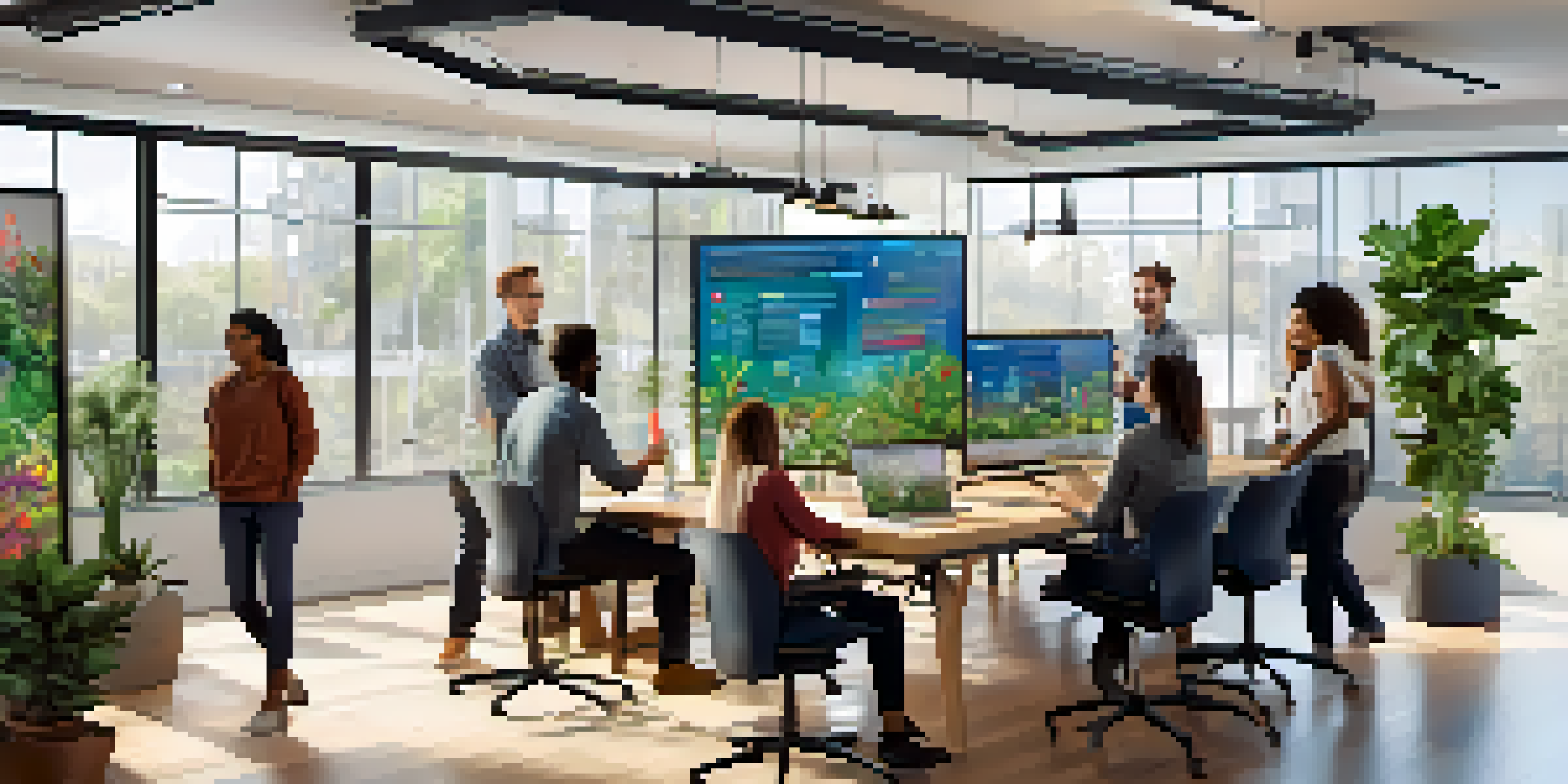 A diverse team collaborating in a bright workspace around a digital screen filled with colorful ideas.
