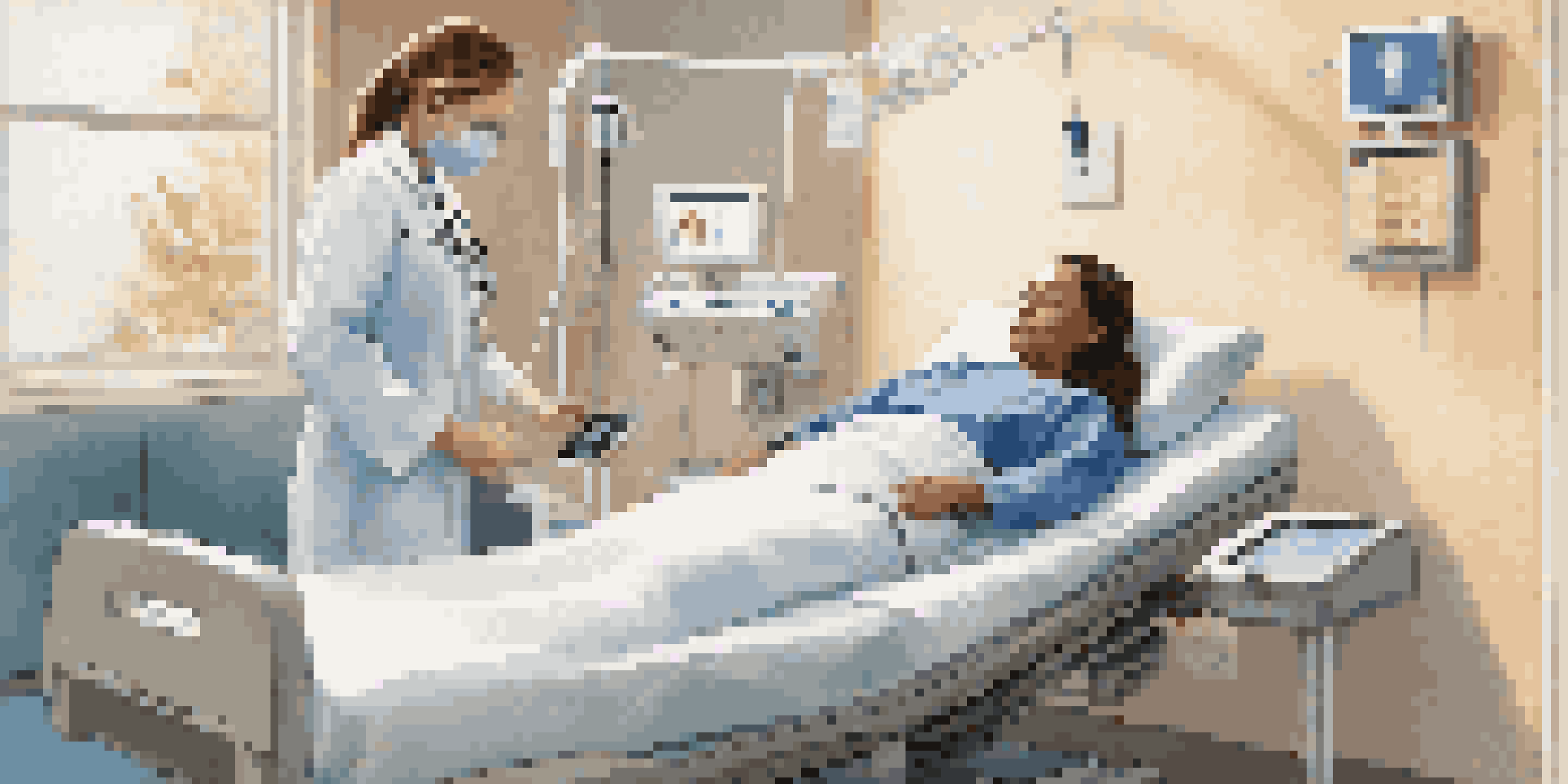 A nurse in a modern hospital setting checking a patient's vital signs on a digital tablet.
