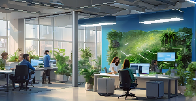 A modern office with a computer screen displaying a chatbot interface, surrounded by diverse individuals engaging with the technology.